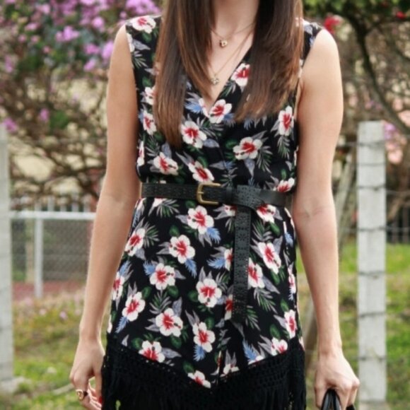Zara Trafaluc Black Floral Open Vest Fringe - Picture 3 of 6